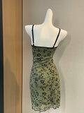 Retro Suspenders Green Floral Mesh Slim Fit 17th Birthday Homecoming Dress HZ1022