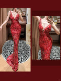 Beautiful Red Shoulder Strap V-neck Beaded Mermaid Evening Dress Prom Dress HZ1022