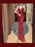 Beautiful Red Shoulder Strap V-neck Beaded Mermaid Evening Dress Prom Dress HZ1022