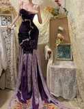 Charming Purple Heavy Strap Floral Lace Mermaid Prom Dress HZ1022