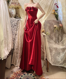 Beautiful Red Strapless Three-dimensional Rose Satin A-line Long Prom Dress HZ1022