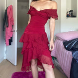 Beautiful Off-the-shoulder Ruffled Chiffon Burgundy Irregular Birthday Short Skirt Homecoming Dress HZ1022