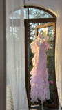 Beautiful Lavender Deep V-neck Suspender Lace Ruffled Mermaid Prom Dress HZ1022