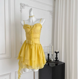 Beautiful Yellow Suspender Flower Irregular Ruffle Chiffon 17th Birthday Short Skirt Homecoming Dress HZ1022