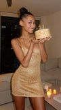21st Birthday Strappy V Neck Gold Sequin Homecoming Dress HZ1022