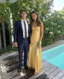 Sexy A line Spaghetti Straps Yellow Party Dress Slit Prom Dress HZ1022