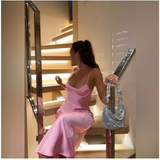 Simple A line Straps Sleeveless Party Dress Silk Satin Pink Prom Dress HZ1022