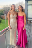 Sexy A line Straps Sleeveless Party Dress Hot Pink Side Slit Prom Dress HZ1022
