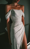 Sexy A line Off The Shoulder Long Prom Dress Slit Sequin Evening Dress HZ1022