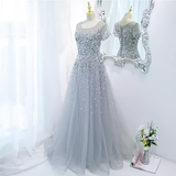 Sparkle A line Scoop Tulle Beads Long Gray Prom Dresses HZ1024