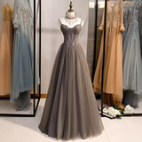 Simple A line Spaghetti Straps Tulle Beads Long Prom Dresses HZ1024