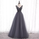 Sparkly A Line Gray Tulle Long Prom Dresses With Beads HZ1024