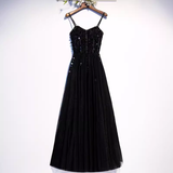 Sparkle A line StrapsTulle Beads Long Black Prom Dresses HZ1024