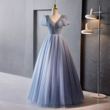 Sparkly A Line Blue Tulle Long Prom Dresses With Beads HZ1024