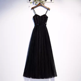 Sparkle A line StrapsTulle Beads Long Black Prom Dresses HZ1024