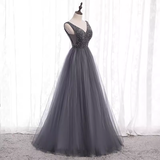 Sparkly A Line Gray Tulle Long Prom Dresses With Beads HZ1024