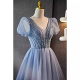Sparkly A Line Blue Tulle Long Prom Dresses With Beads HZ1024