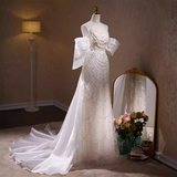 Luxury Mermaid Sweetheart Tulle Sequin White Wedding Dresses With Removable Bownot HZ1024
