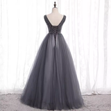 Sparkly A Line Gray Tulle Long Prom Dresses With Beads HZ1024