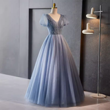 Sparkly A Line Blue Tulle Long Prom Dresses With Beads HZ1024