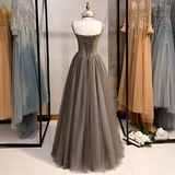 Simple A line Spaghetti Straps Tulle Beads Long Prom Dresses HZ1024