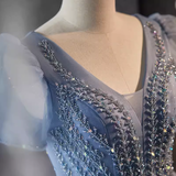 Sparkly A Line Blue Tulle Long Prom Dresses With Beads HZ1024