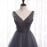 Sparkly A Line Gray Tulle Long Prom Dresses With Beads HZ1024
