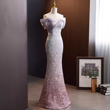 Sparkly Mermaid Off The Shoulder Sequin Lilac Long Prom Dresses HZ1024