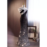 Sparkly Mermaid Off The Shoulder Sequin Black Long Prom Dresses HZ1024