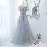 Sparkle A line Scoop Tulle Beads Long Gray Prom Dresses HZ1024