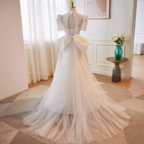 Beautiful A line High Neckline Lace White Wedding Dresses With Bownot HZ1024