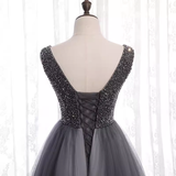 Sparkly A Line Gray Tulle Long Prom Dresses With Beads HZ1024