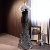 Sparkly Mermaid Off The Shoulder Sequin Black Long Prom Dresses HZ1024