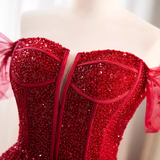 Modest A line Off The Shoulder Tulle Long Red Prom Dress HZ1024