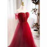 Modest A line Off The Shoulder Tulle Long Red Prom Dress HZ1024