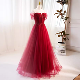Modest A line Off The Shoulder Tulle Long Red Prom Dress HZ1024