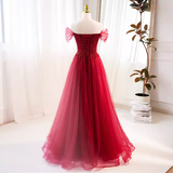 Modest A line Off The Shoulder Tulle Long Red Prom Dress HZ1024
