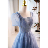 A line Short Sleeves Long Tulle Blue Prom Dress HZ1024
