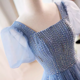A line Short Sleeves Long Tulle Blue Prom Dress HZ1024