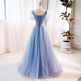 A line Short Sleeves Long Tulle Blue Prom Dress HZ1024