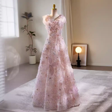 Modest A line Straps Tulle Long Pink Prom Dress HZ1024