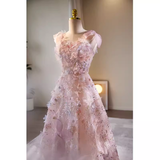Modest A line Straps Tulle Long Pink Prom Dress HZ1024