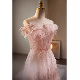 Modest A line Off The Shoulder Tulle Long Pink Prom Dress HZ1024