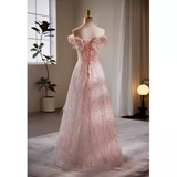 Modest A line Off The Shoulder Tulle Long Pink Prom Dress HZ1024