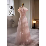 Modest A line Off The Shoulder Tulle Long Pink Prom Dress HZ1024