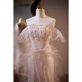 Luxury Mermaid Strapless Tulle Pearls Long Pink Prom Dress HZ1024