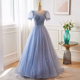 Luxury A line Scoop Tulle Long Blue Prom Dress HZ1024