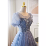 Luxury A line Scoop Tulle Long Blue Prom Dress HZ1024