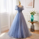 Luxury A line Scoop Tulle Long Blue Prom Dress HZ1024
