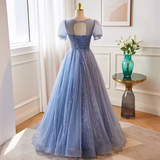 Luxury A line Scoop Tulle Long Blue Prom Dress HZ1024
